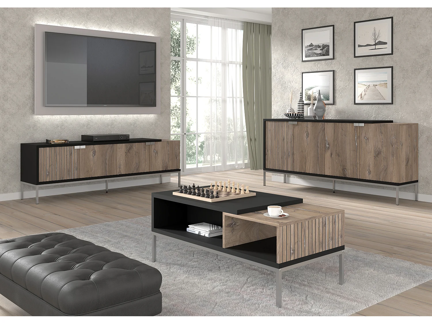 Commode TOLEDO 143 cm 3D chêne flagstaff / noir mat - cadre argenté