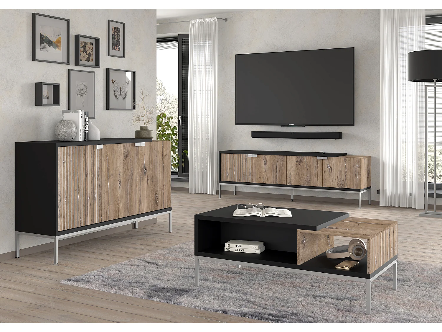 Commode TOLEDO 143 cm 3D chêne flagstaff / noir mat - cadre argenté