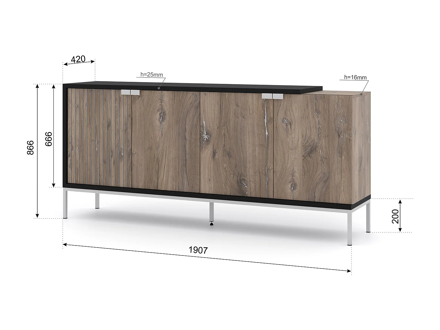 Cómoda TOLEDO 190 cm 4D roble flagstaff / negro mate