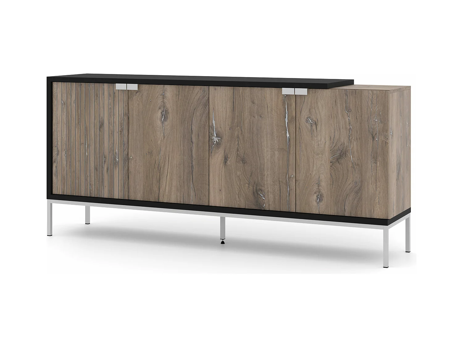 Commode TOLEDO 190 cm 4D chêne flagstaff / noir mat - cadre argenté
