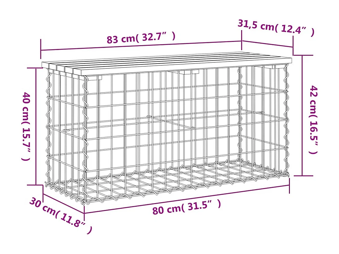 Gartenbank aus Gabionen 83x31,5x42 cm Massivholz Kiefer