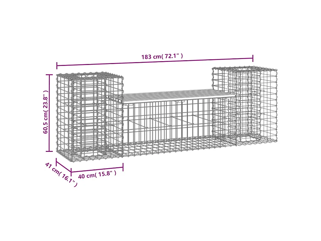 Banc de jardin design gabion 183x41x60,5 cm bois massif de pin