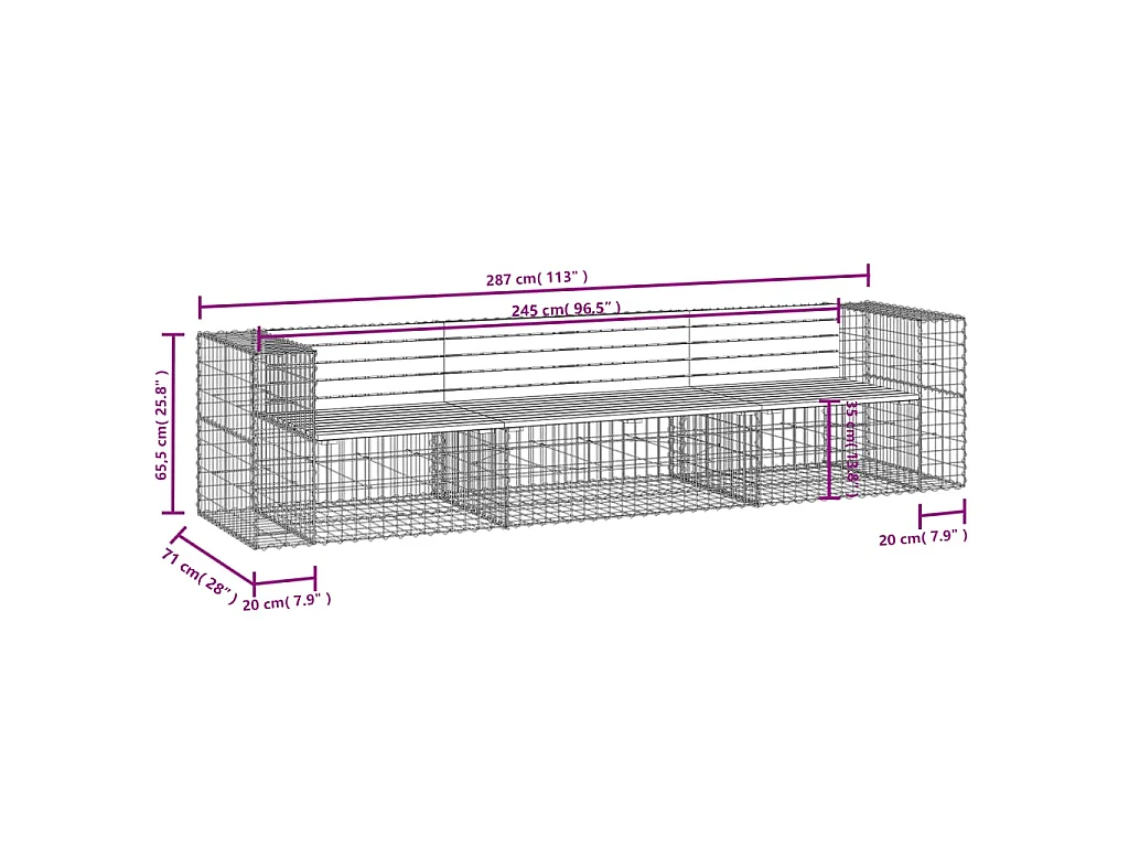 Gartenbank aus Gabionen 287x71x65,5 cm Massivholz Kiefer