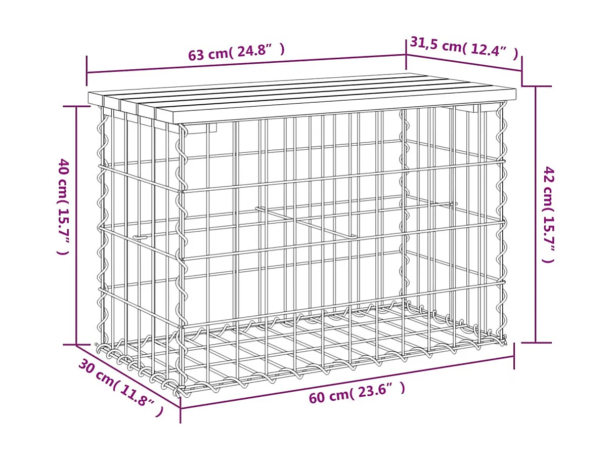 Gartenbank aus Gabionen 63x31,5x42 cm Massivholz Kiefer