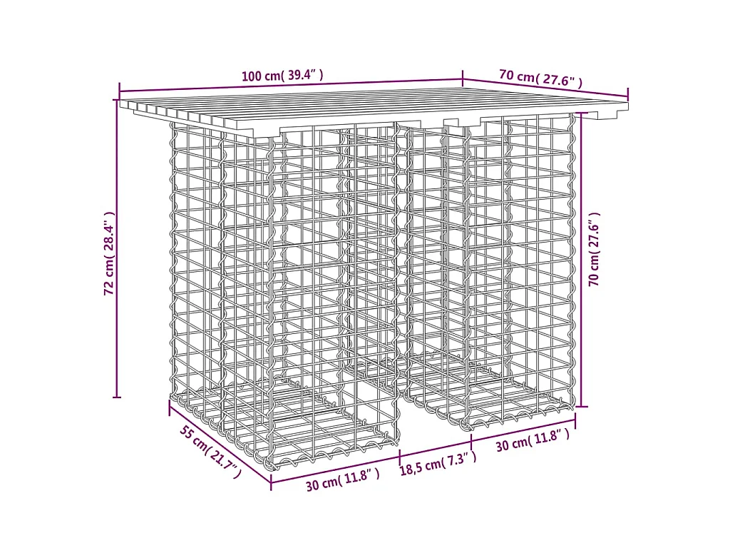 Tavolo da giardino in gabbione design 100x70x72 cm in legno massello di pino