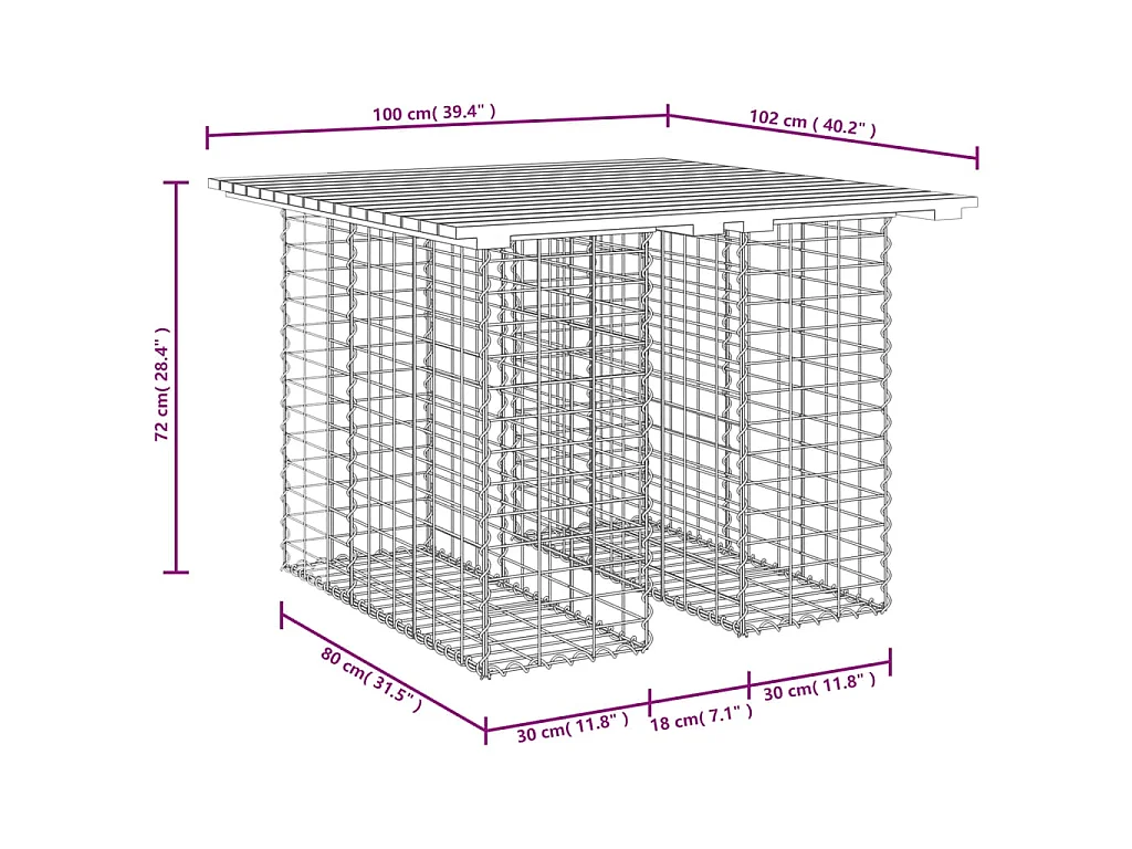 Tavolo da giardino in gabbione design 100x102x72 cm in legno massello Douglas
