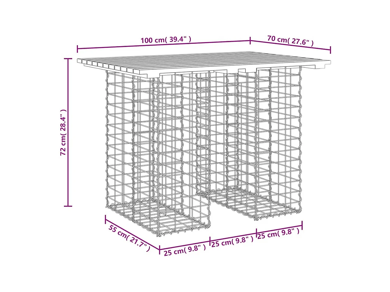 Gartenbank aus Gabionen 100x70x72 cm Massivholz Kiefer