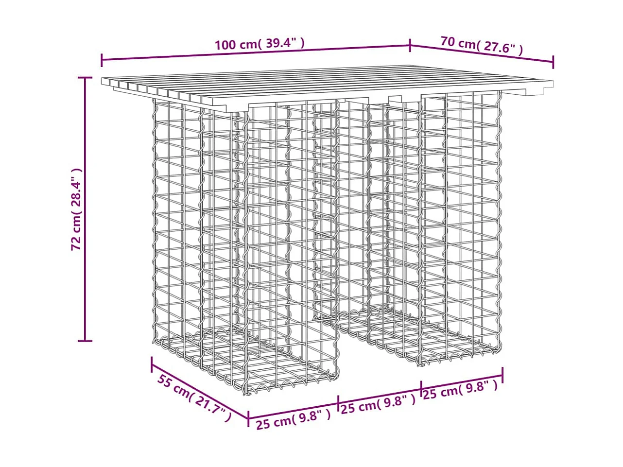 Tuintafel schanskorfontwerp 100x70x72 cm massief grenenhout