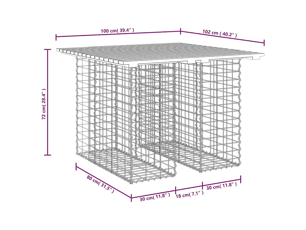 Tavolo da giardino in gabbione design 100x102x72 cm in legno di pino impregnato