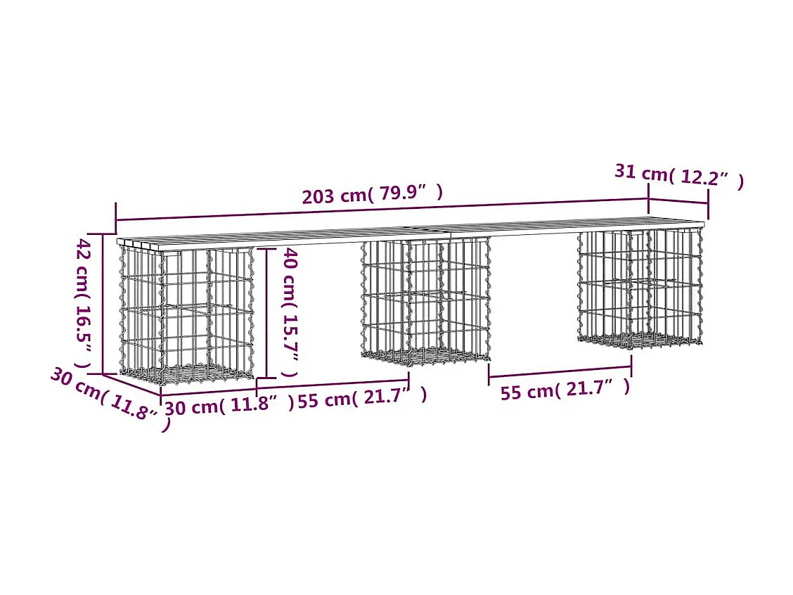 Gartenbank aus Gabionen 203x31x42 cm Kiefernholz Imprägniert