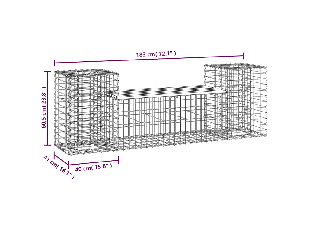Banc de jardin design gabion 183x41x60,5cm bois de pin imprégné