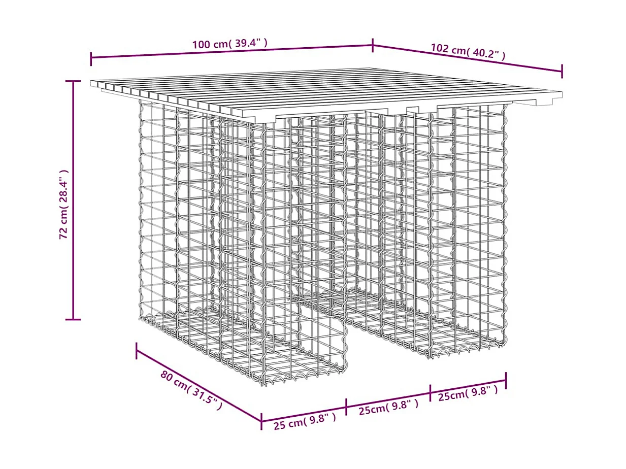 Tavolo da giardino in gabbione design 100x102x72 cm in legno massello di pino