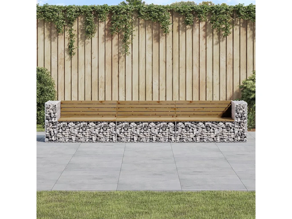 Gartenbank aus Gabionen 347x71x65,5 cm Kiefernholz Imprägniert