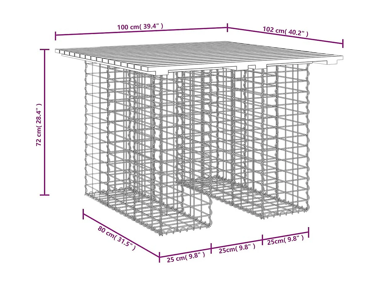 Tavolo da giardino in gabbione design 100x102x72 cm in legno di pino impregnato