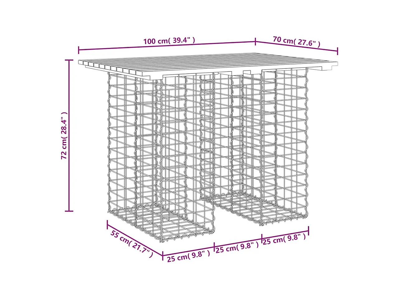 Table de jardin Gabion Design 100x70x72 cm Bois de pin imprégné