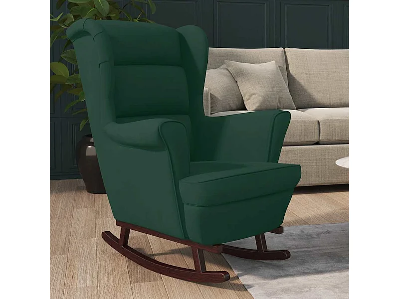Fauteuil à bascule à oreilles en velours vert foncé bois massif