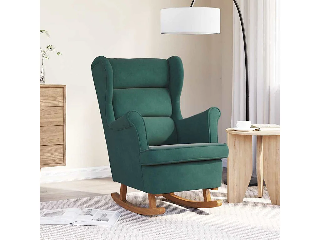 Fauteuil à bascule à oreilles en velours vert foncé bois massif