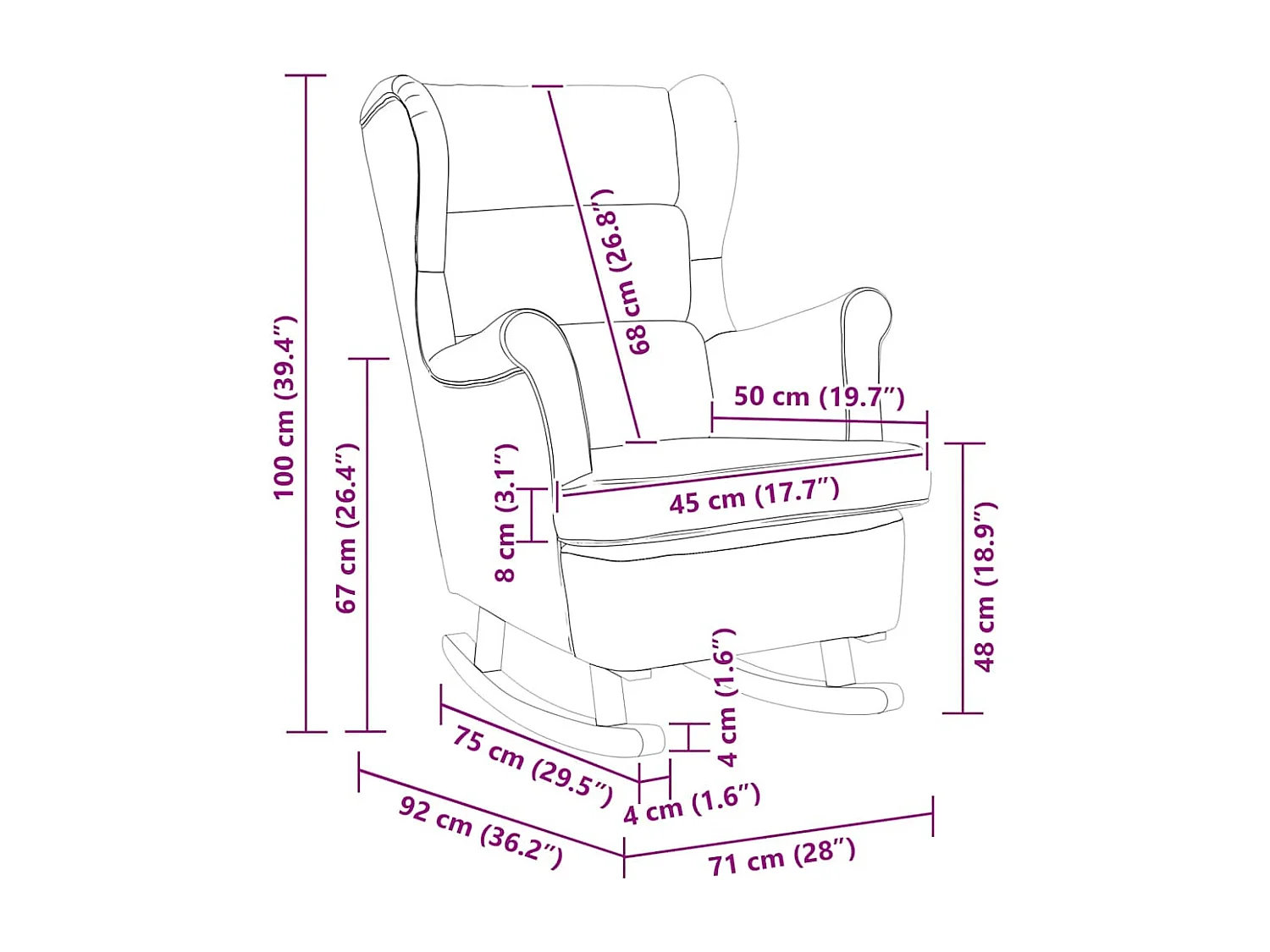 Fauteuil à bascule à oreilles en velours vert foncé bois massif