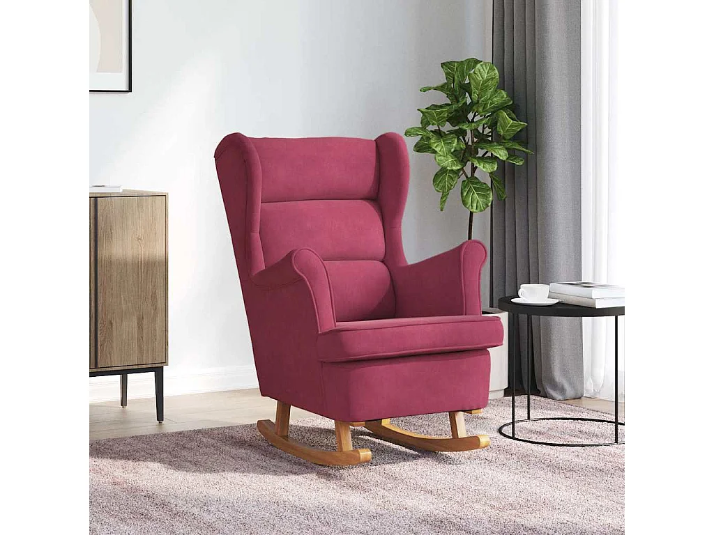 Fauteuil à bascule à oreilles en velours rouge vin bois massif