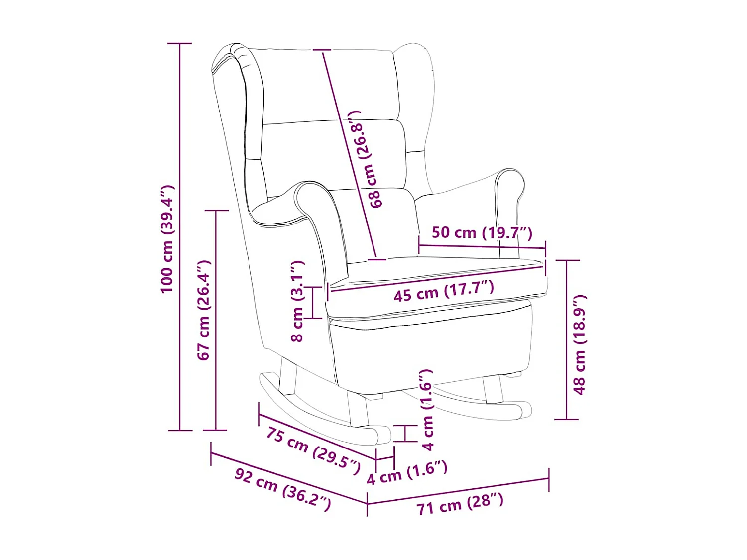 Fauteuil à bascule à oreilles en velours rouge vin bois massif