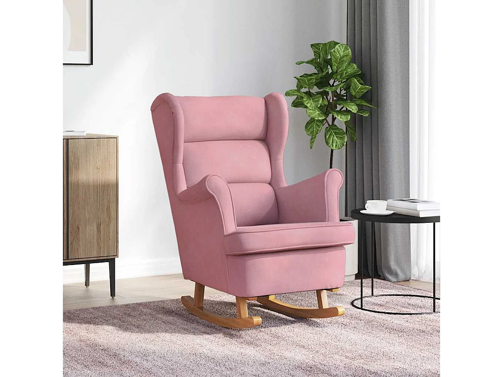 Fauteuil à bascule à oreilles en velours rose bois massif