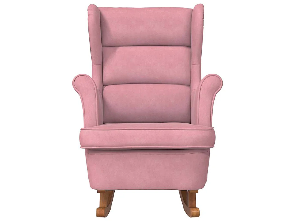 Mecedora con respaldo alto de terciopelo rosa y madera maciza