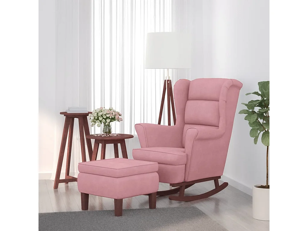 Schaukelstuhl Ohrensessel Rosa Samt und Massivholz