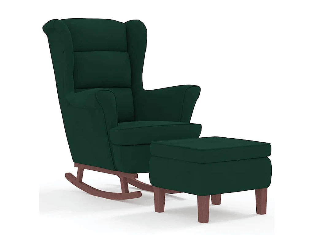 Fauteuil à bascule à oreilles en velours vert foncé bois massif