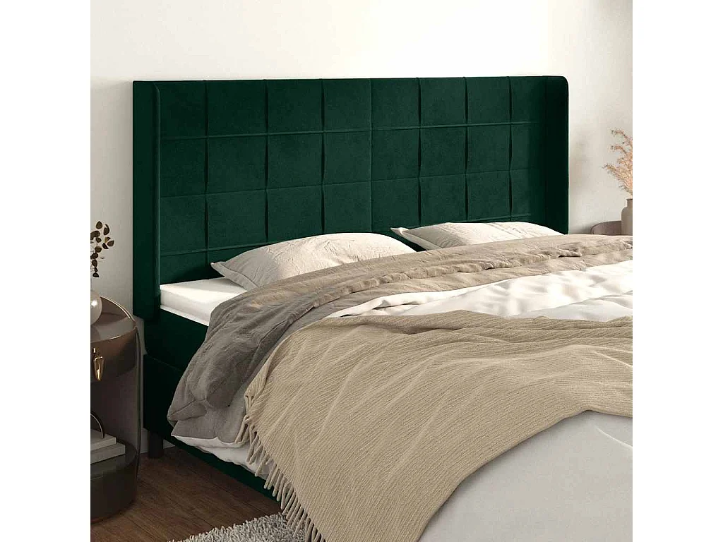 Tête de lit avec oreilles Vert foncé 163x16x118/128 cm Velours