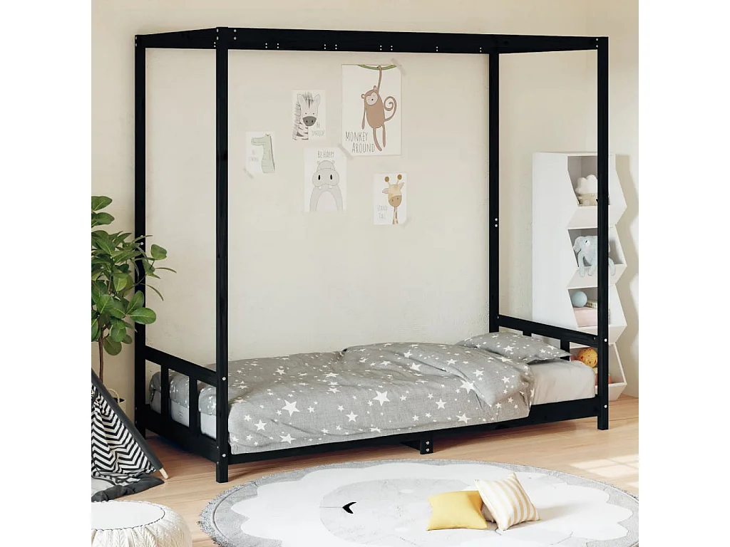 Cadre de lit pour enfants noir 90x200 cm bois de pin massif