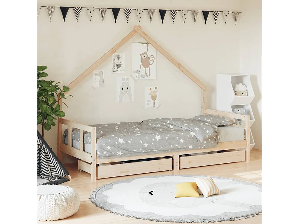 Giroletto per Bambini con Cassetti 90x190cm Legno Massello Pino