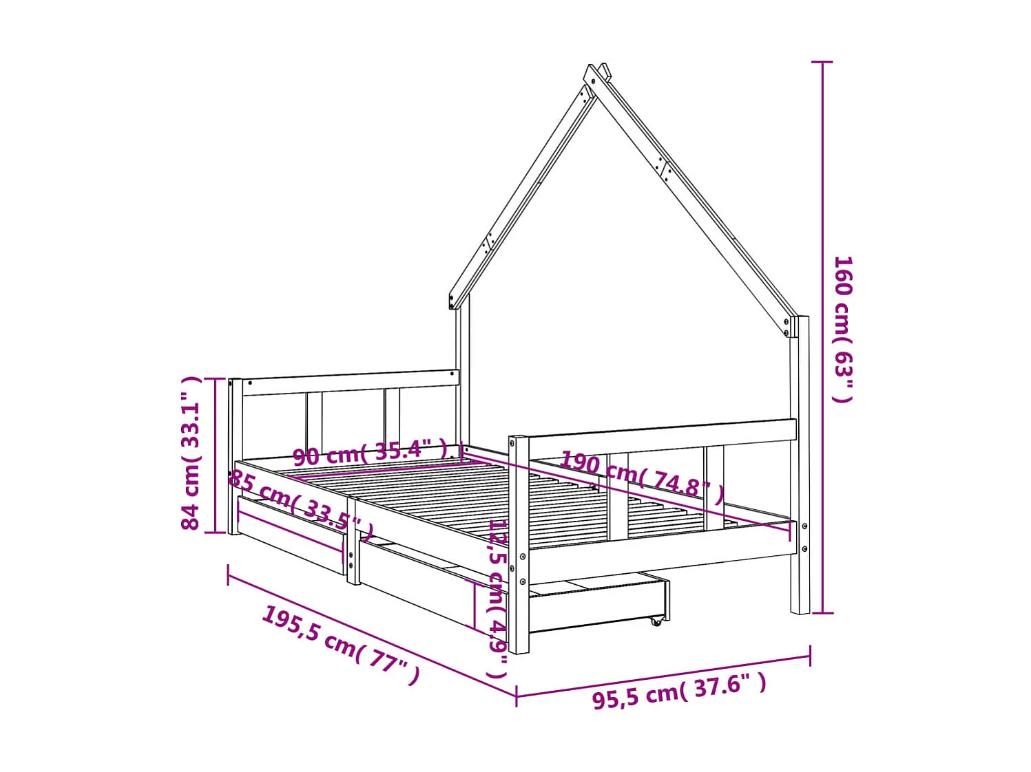 Giroletto per Bambini con Cassetti 90x190cm Legno Massello Pino