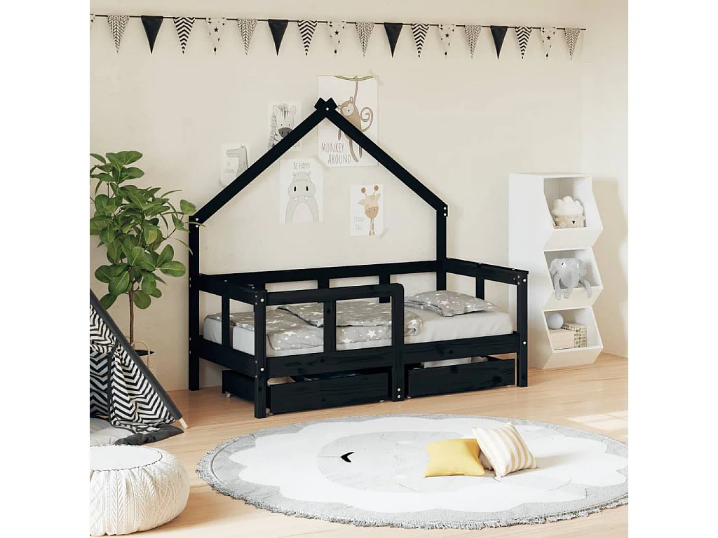 Estrutura cama infantil c/ gavetas 70x140 cm pinho maciço preto