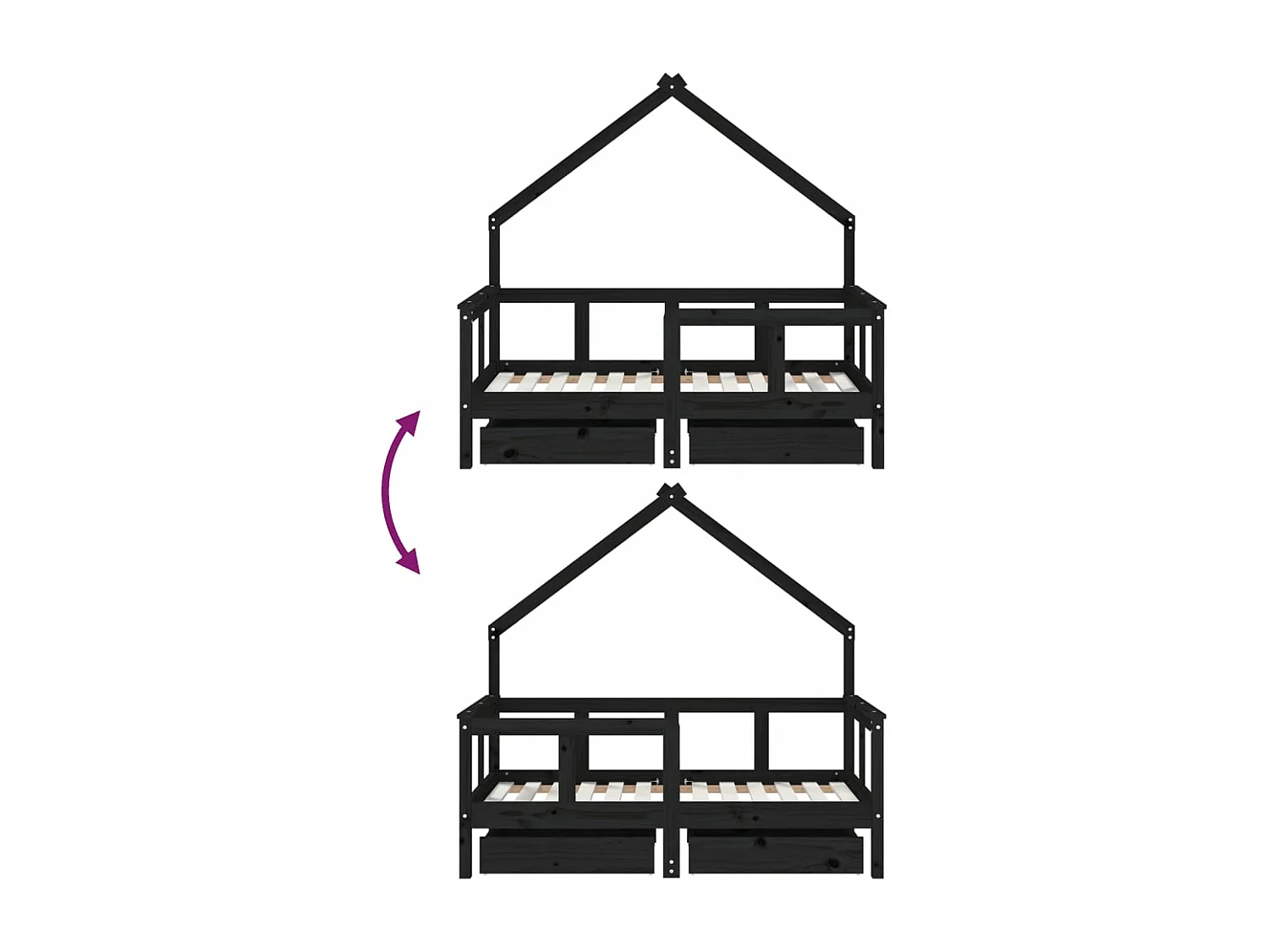 Estrutura cama infantil c/ gavetas 70x140 cm pinho maciço preto