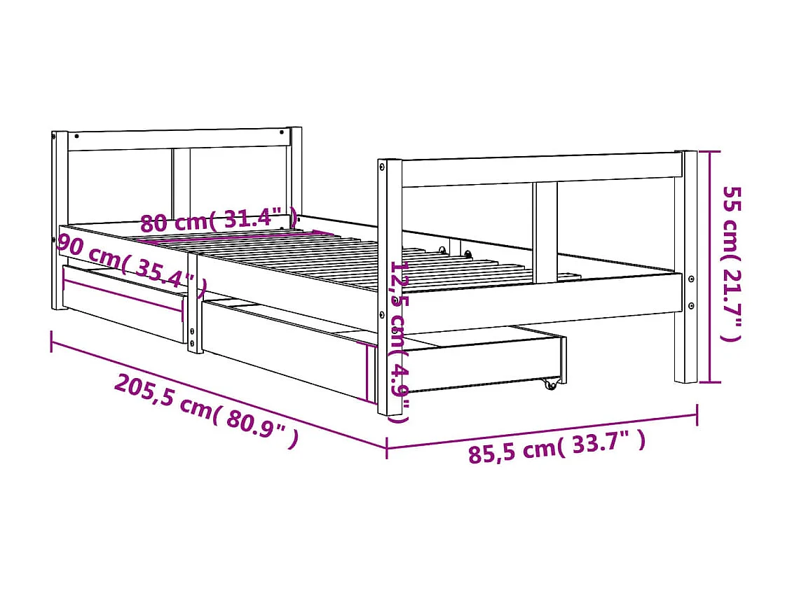 Cadre de lit enfant tiroirs blanc 80x200 cm bois de pin massif
