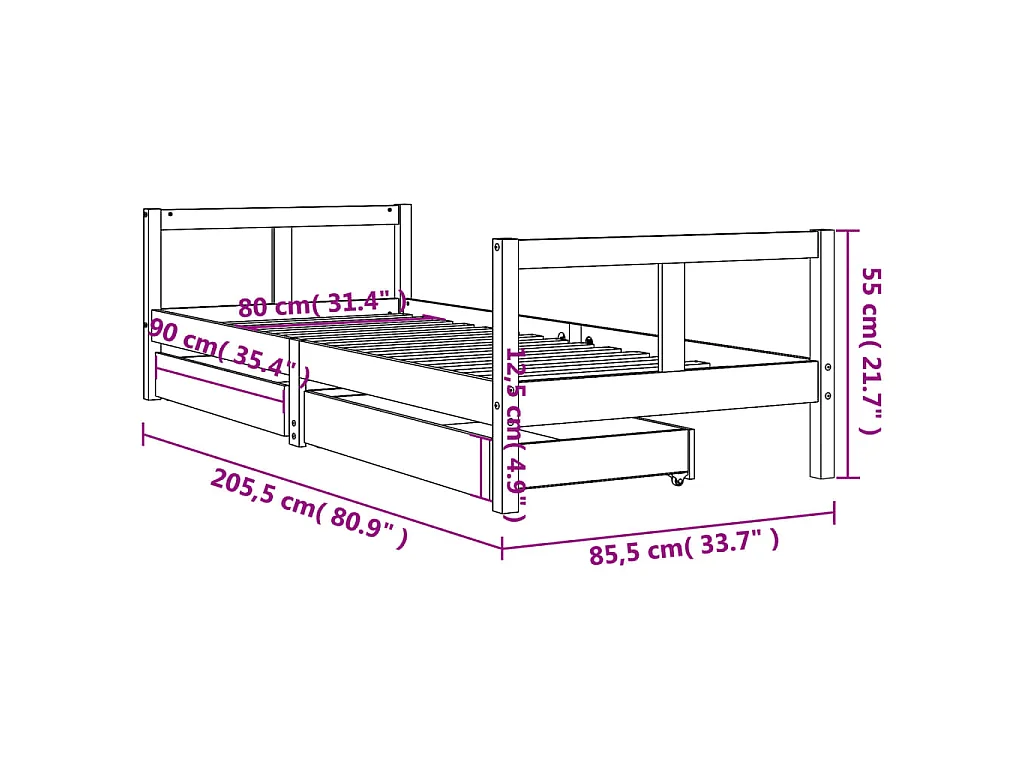 Cadre de lit enfant tiroirs blanc 80x200 cm bois de pin massif