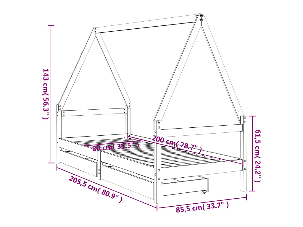 Kinderbedframe met lades 80x200 cm massief grenenhout wit