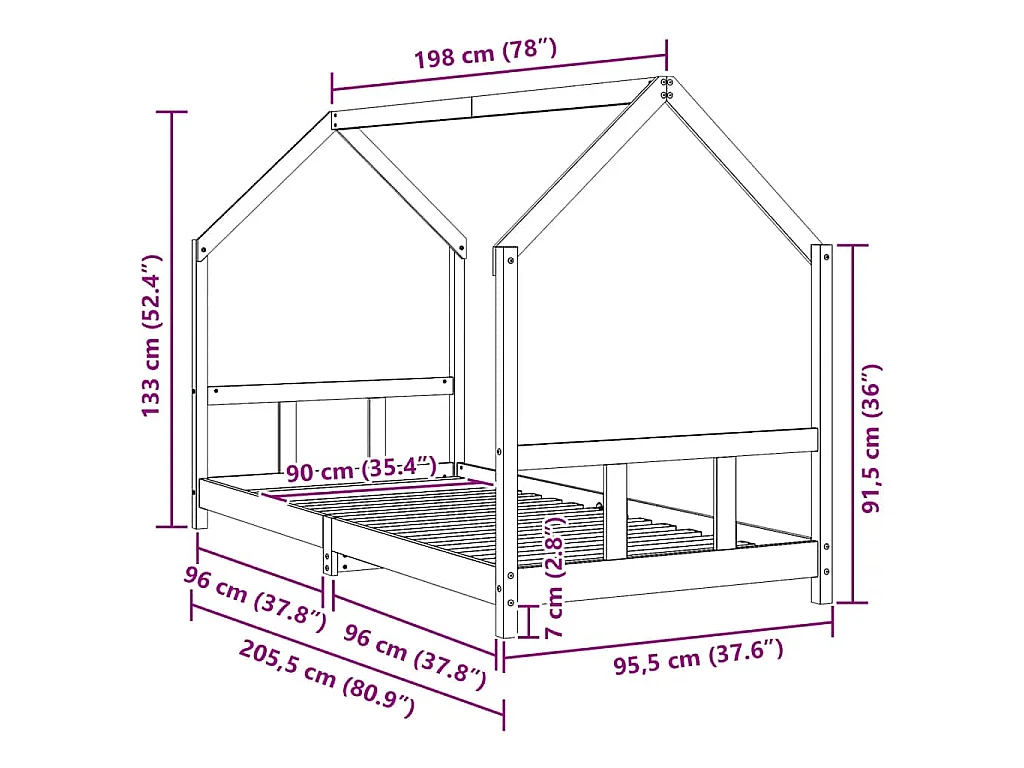 Giroletto per Bambini 90x200 cm in Legno Massello di Pino