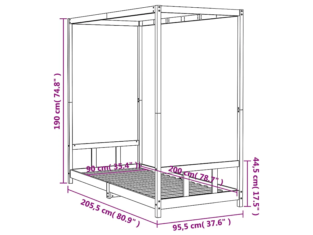 Giroletto per Bambini 90x200 cm in Legno Massello di Pino