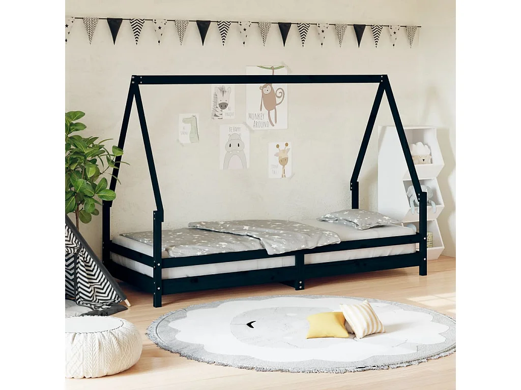 Cadre de lit pour enfants noir 80x200 cm bois de pin massif