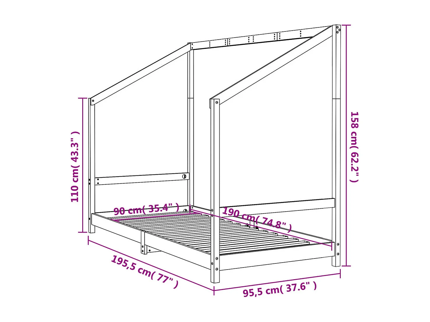 Kinderbedframe 90x190 cm massief grenenhout wit