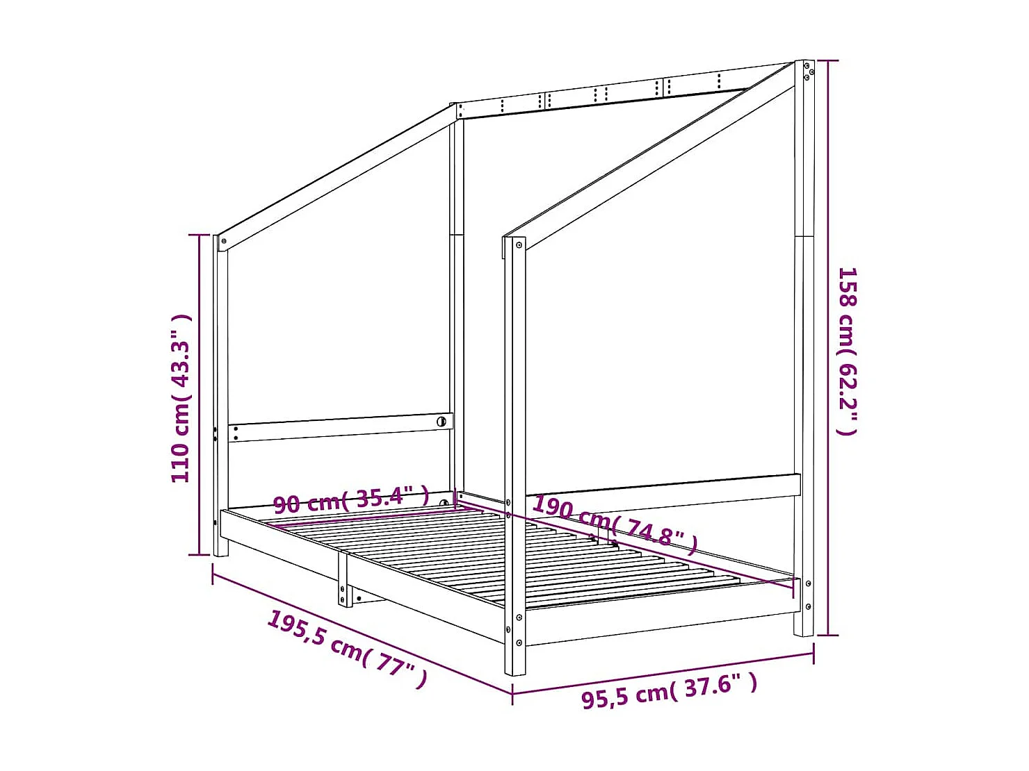Kinderbedframe 90x190 cm massief grenenhout wit
