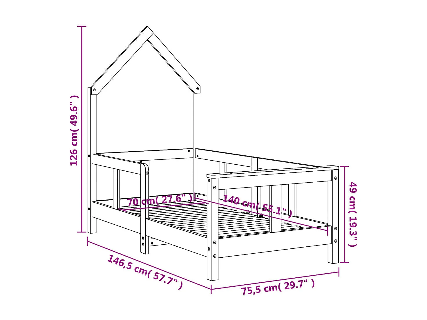 Kinderbedframe 70x140 cm massief grenenhout wit