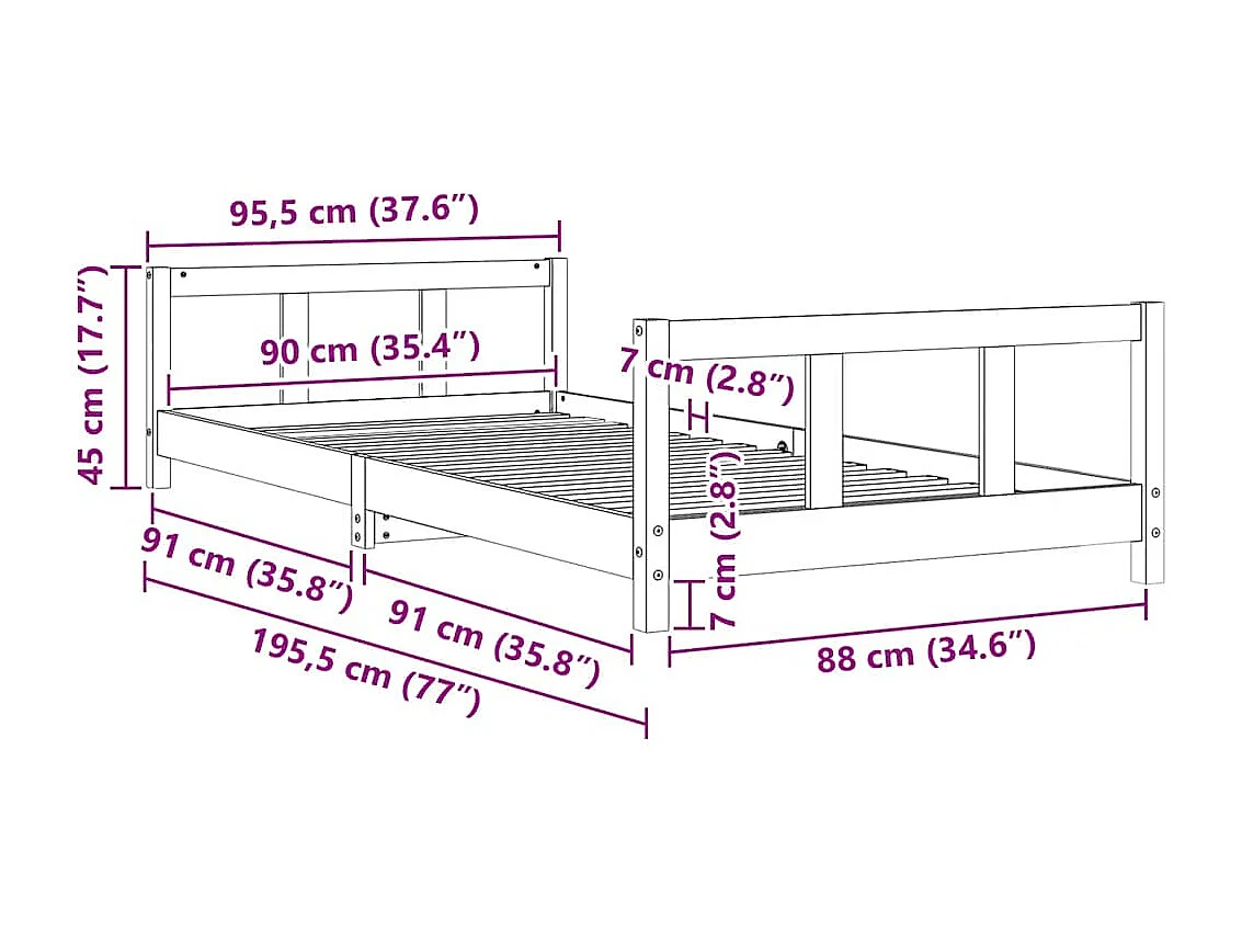 Cadre de lit pour enfants blanc 90x190 cm bois de pin massif