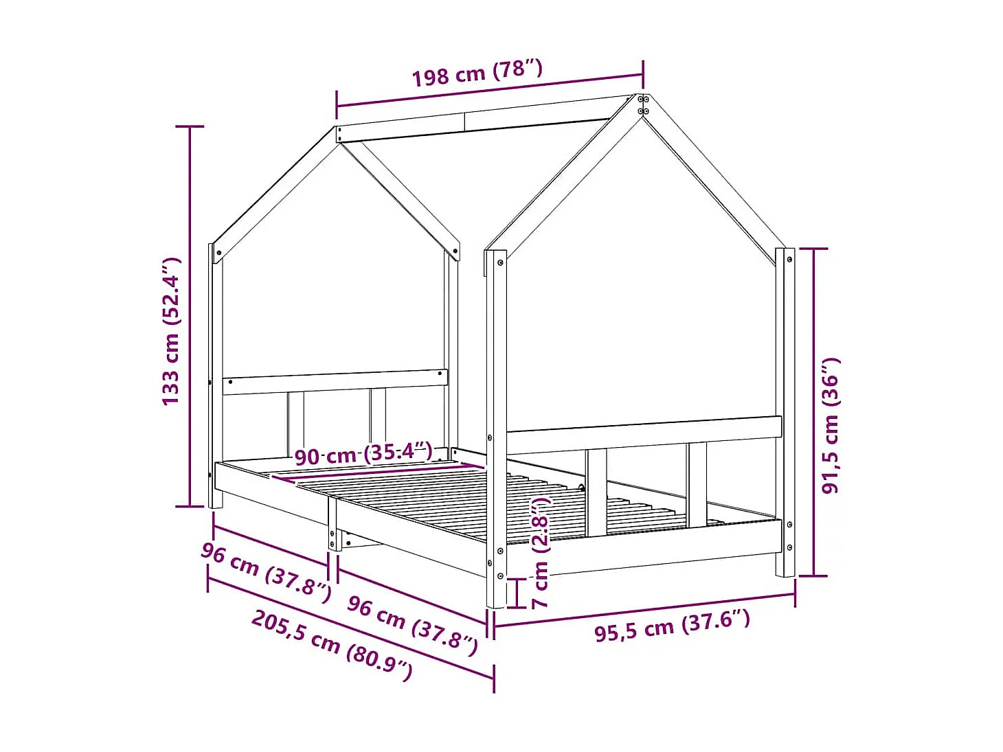 Cadre de lit pour enfants blanc 90x200 cm bois de pin massif