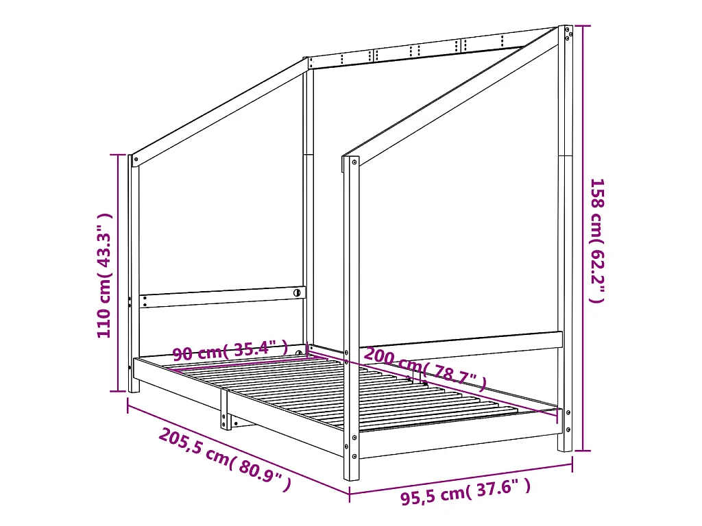 Giroletto per Bambini Bianco 90x200cm in Legno Massello di Pino