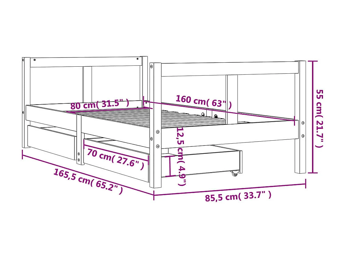 Estructura de cama infantil con cajones madera de pino 80x160cm