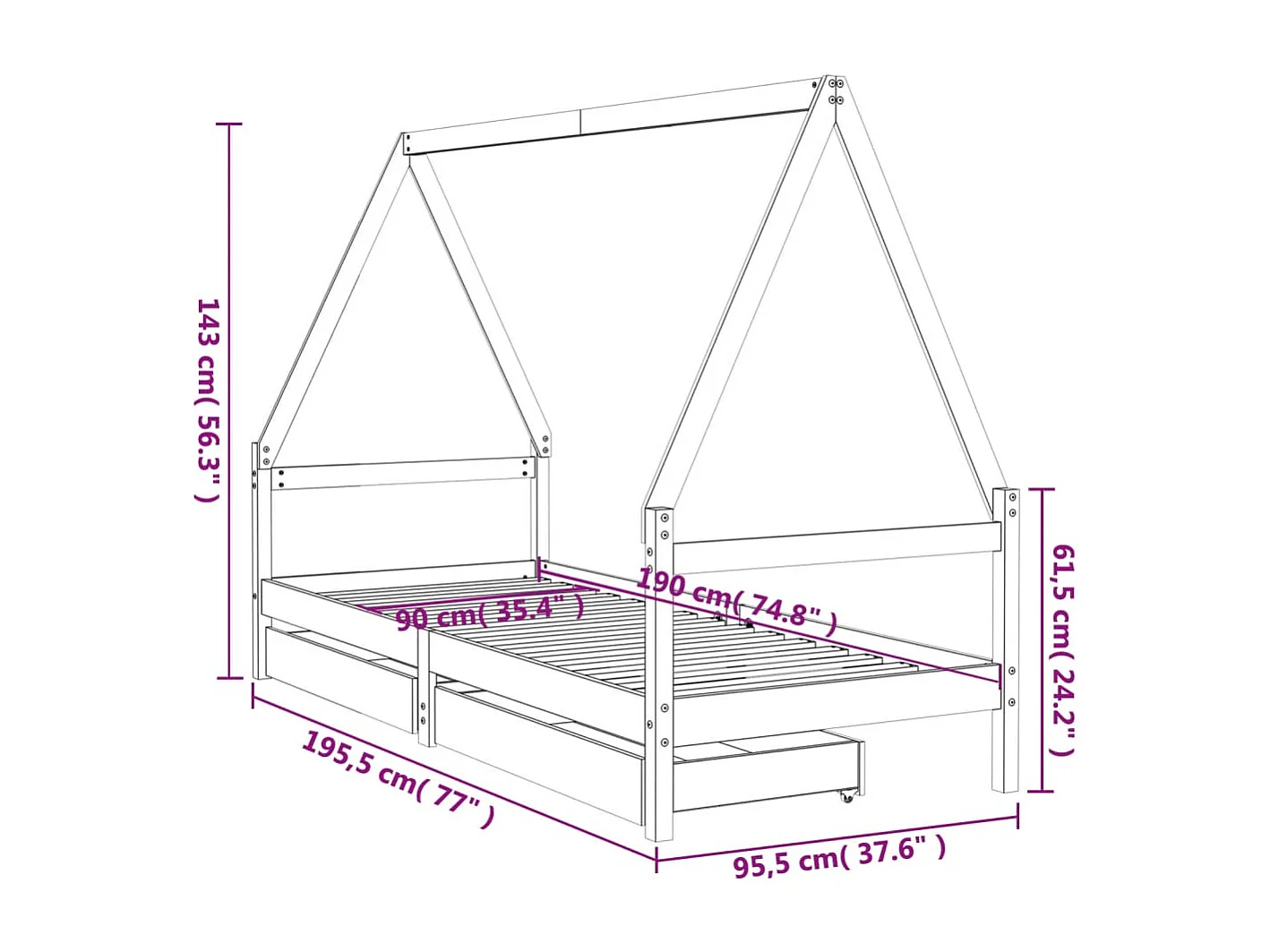 Estructura de cama infantil con cajones madera pino 90x190 cm