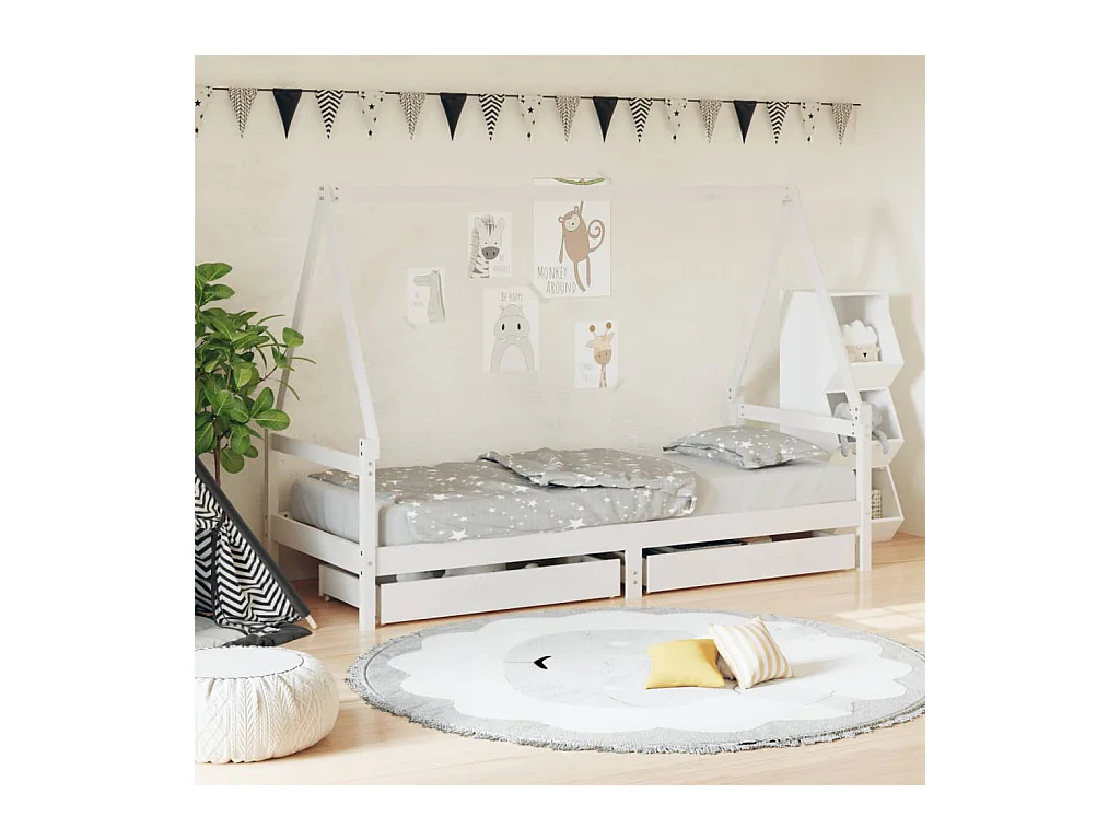 Cadre de lit enfant tiroirs blanc 90x200 cm bois de pin massif
