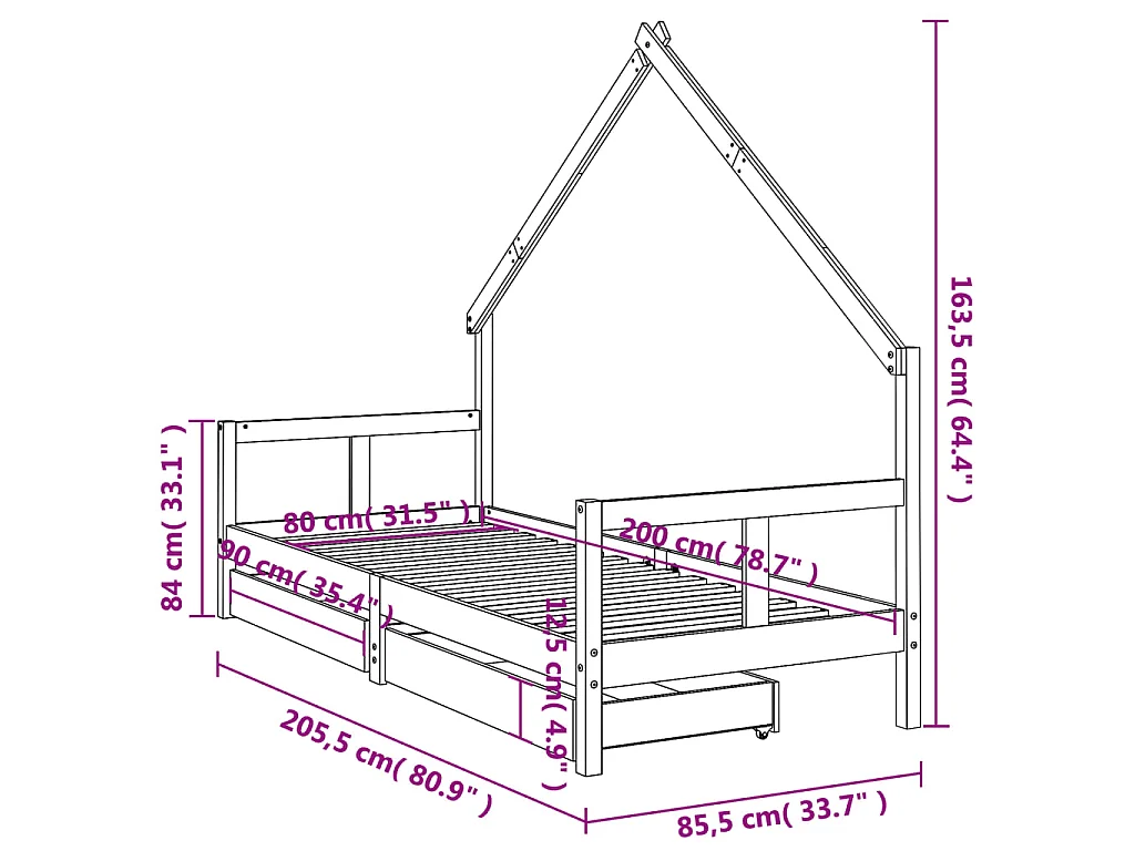Cadre de lit pour enfants gris 80x200 cm bois de pin massif